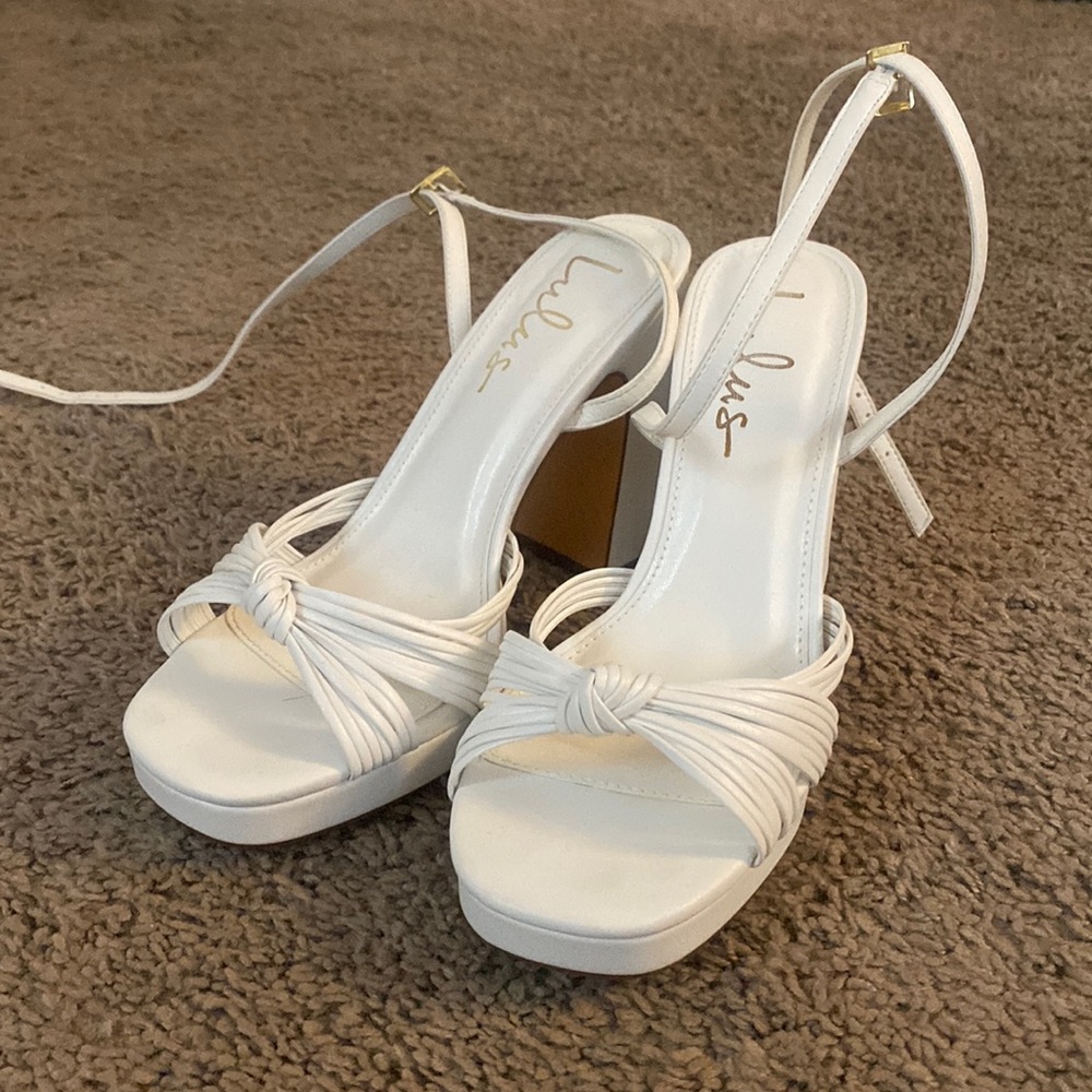 Lulus Sunty White Ankle Strap High Heel Sandals.